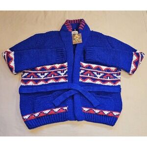 Camp Kitschy Knit Blue Chunky Wool Open Front Belt Starsky Cardigan Size 52 NWT